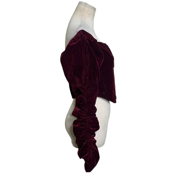 PrettyLittleThing Plum Velvet Puff Sleeve Bardot Crop Top size 6 - Picture 6 of 12